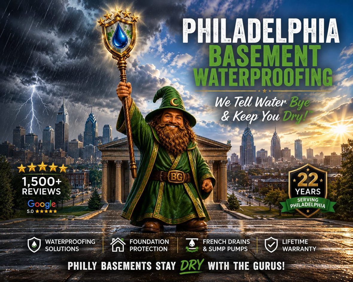 A Philadelphia family with the Basement Gurus team outside their dry home